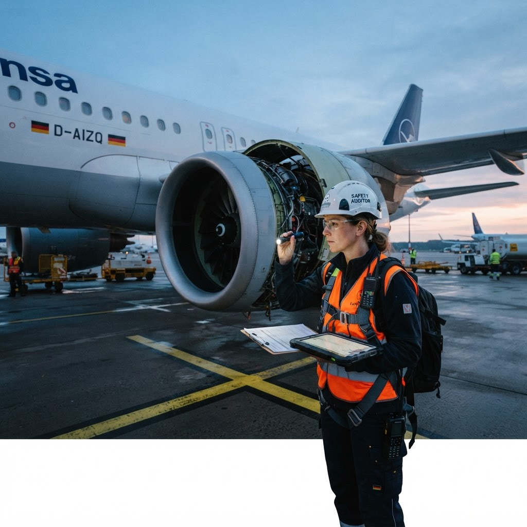 Auditor in a hi-vis vest inspecting an aircraft engine on the tarmac with a tablet