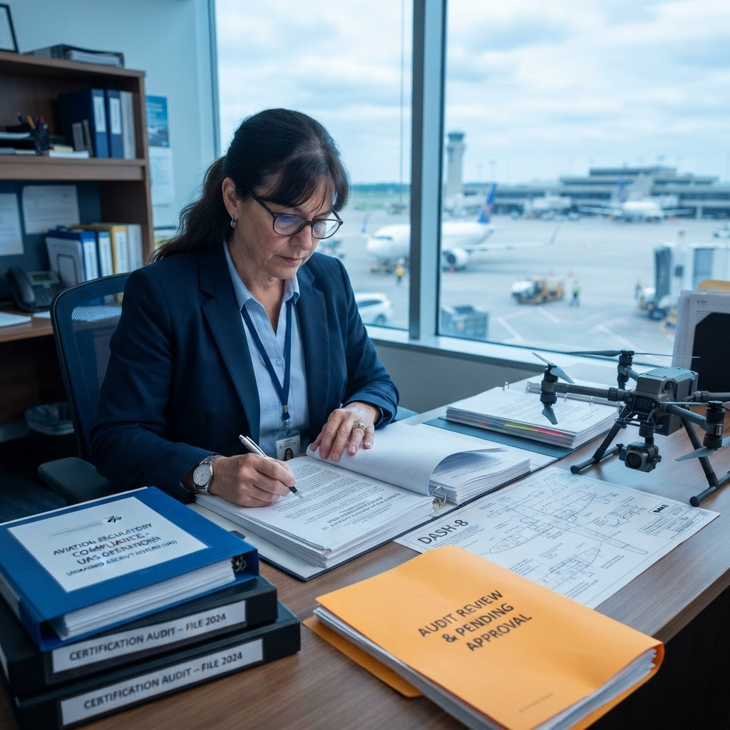 Compliance officer reviewing aviation certification binders next to a UAS model