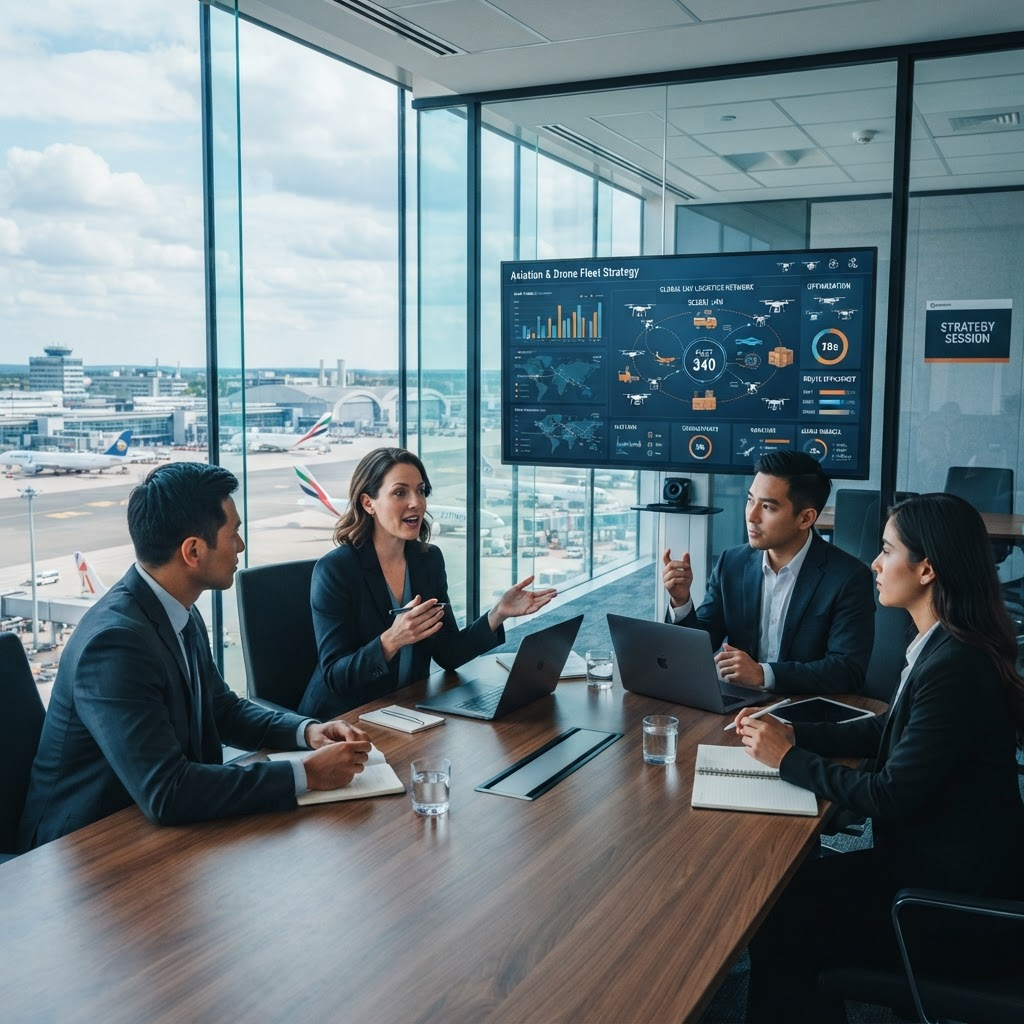 Consultants reviewing an aviation strategy dashboard in a meeting room overlooking an airport