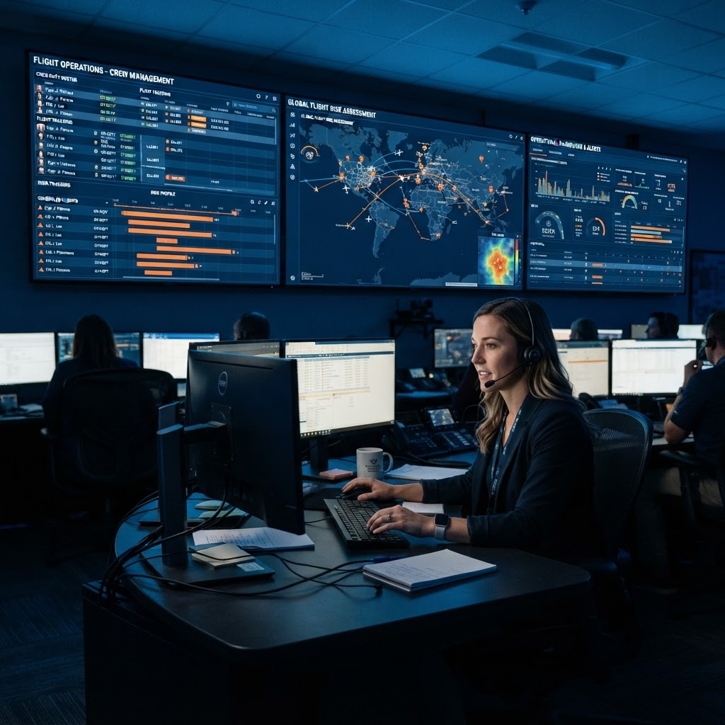 Operations control room with dashboards for crew scheduling and flight risk assessment